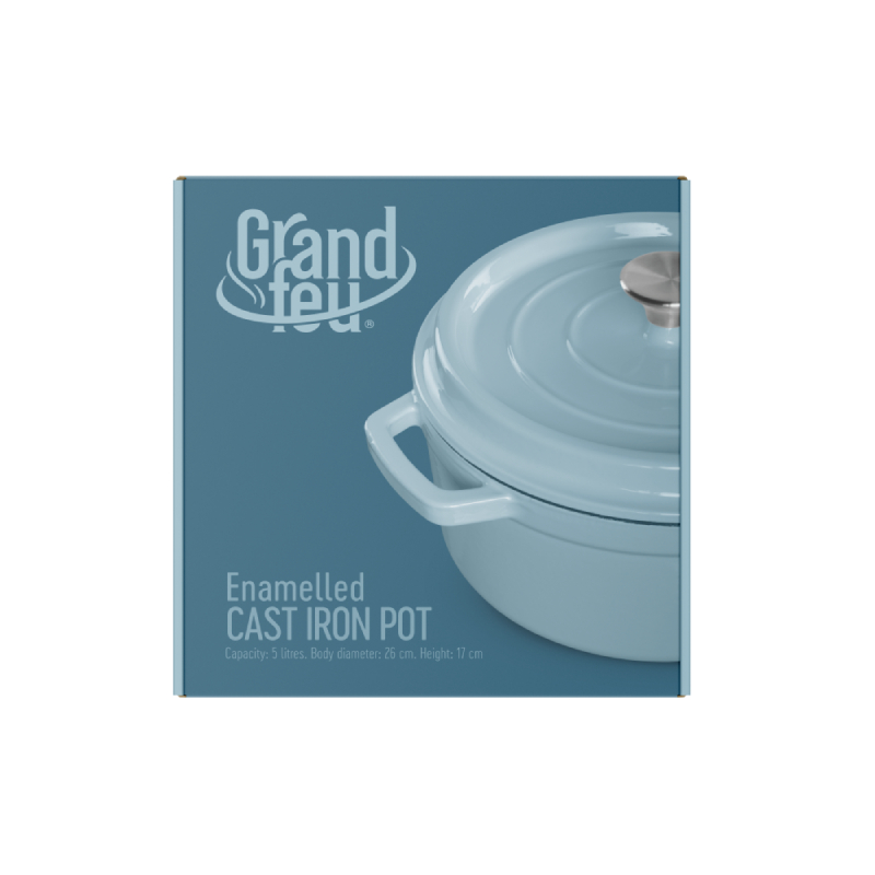 Grandfeu Enamelled Cast Iron Pot in Light Blue Colour, 4.7l. With Lid